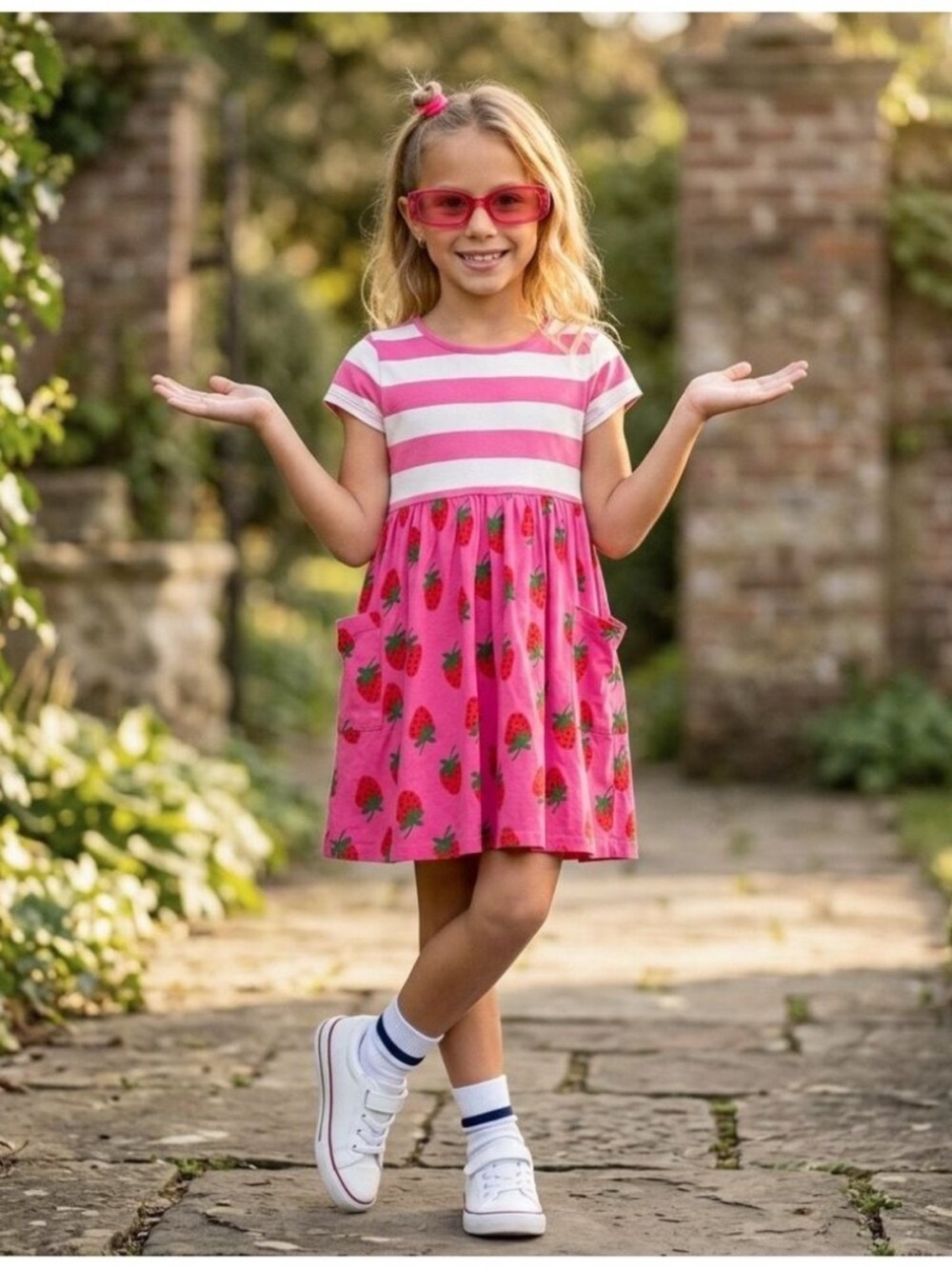 Hanna Andersson Pink Stripe & Strawberry Pocket Dress